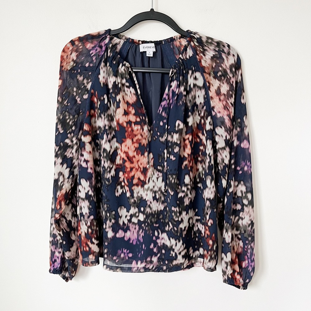 Evereve Abstract Floral Blouse Tie Neck Sheer Sleeves Womens Small Navy Fall